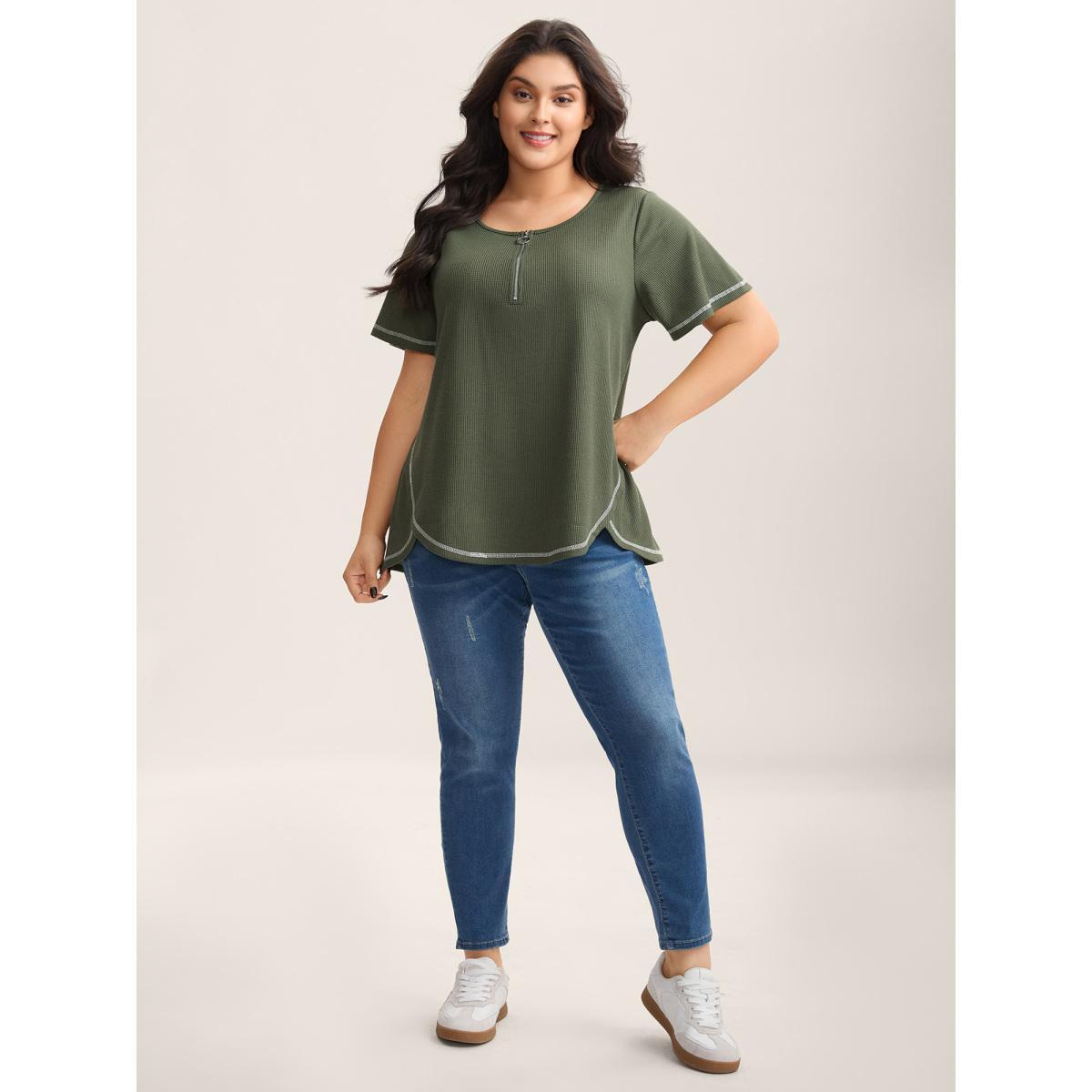 Plus Size Waffle High Low Hem Zipper T-Shirt ArmyGreen Women Topstitching Round Neck Everyday-Casual T-shirts BloomChic 26/4X Product Image