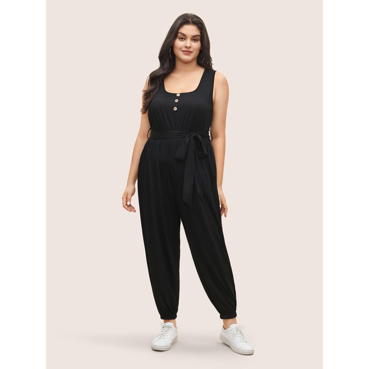 Plus Size Black Supersoft Essentials Plain Button Detail Belted Jumpsuit Women Casual Sleeveless Non Everyday Loose Jumpsuits BloomChic 26/4X Product Image
