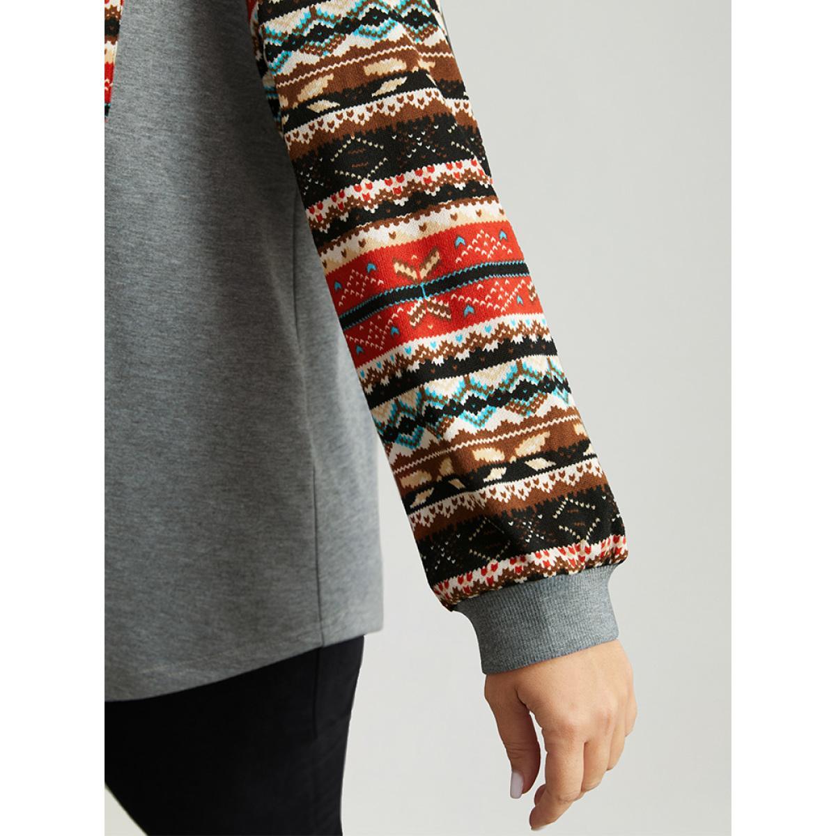 Plus Size Bandana Print Patchwork Patched Pocket Sweatshirt Women Gray Casual Elastic cuffs Round Neck Festival-Christmas Sweatshirts BloomChic 28/5X Product Image