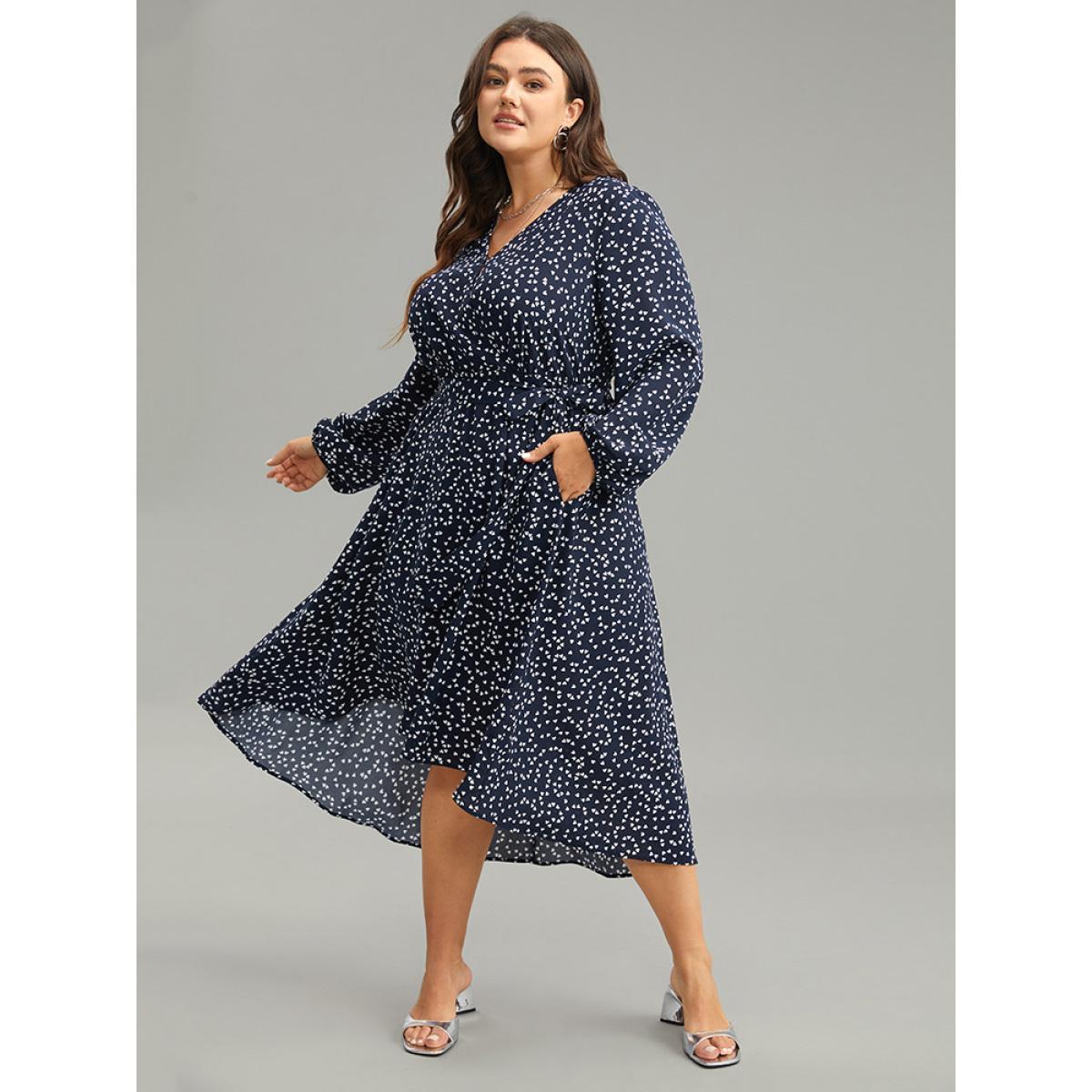 Plus Size Heart Print Belted Surplice Neck Dress DarkBlue Women Elegant Elastic cuffs V-neck Long Sleeve Curvy Midi Dress BloomChic 22-24/3X Product Image