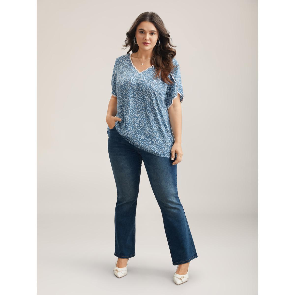 Plus Size Stone Petal Sleeve Floral Lace Spliced Shirt Women Elegant Short sleeve V-neck Everyday Blouses BloomChic 12/L Product Image