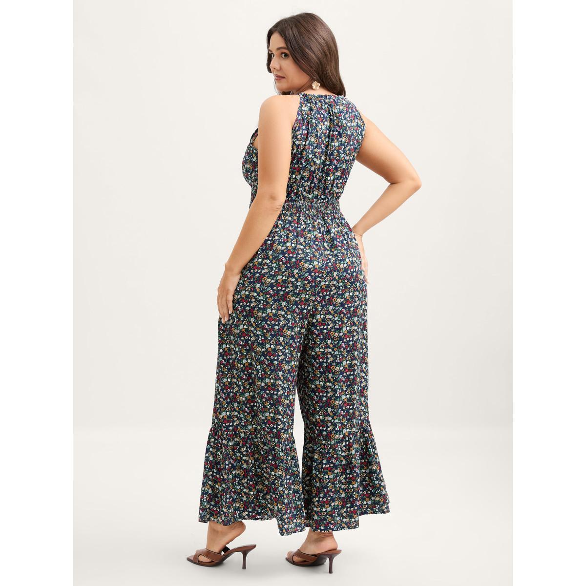 Plus Size Indigo Floral Print Shirred Waist Cami Jumpsuit Women Sleeveless Square Neck Everyday-Elegant Loose Jumpsuits BloomChic 28/5X Product Image