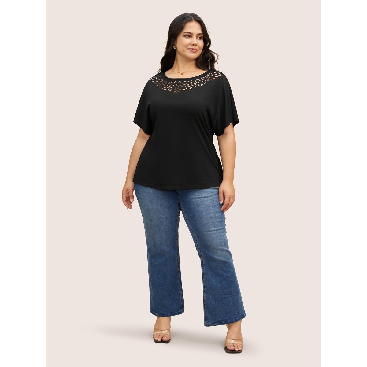 Plus Size Plain Laser Cut Batwing Sleeve T-shirt Black Women Elegant Cut-Out Round Neck Everyday T-shirts BloomChic 18-20/2X Product Image