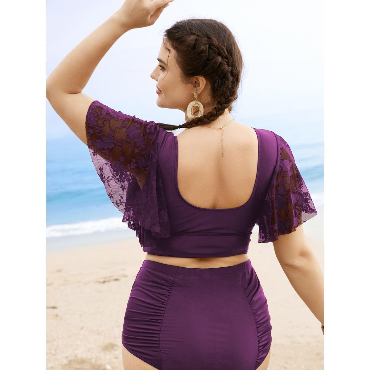 Plus Size U Neck Crochet Lace Mesh Swim Top Women's Swimwear Deeppurplered Beach Texture High stretch Skinny U-neck Curve Swim Tops BloomChic 28/5X Product Image