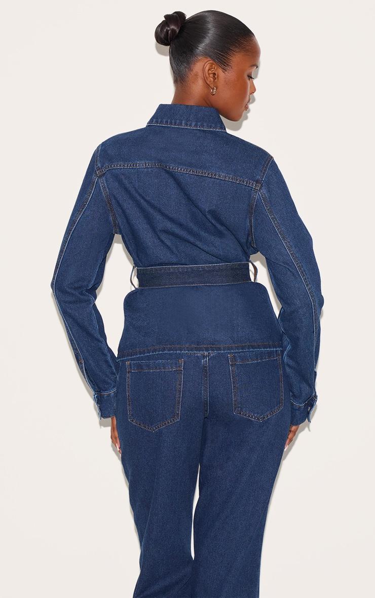 Dark Blue Contrast Stitch Cinched Waist Belted Denim Jacket Product Image