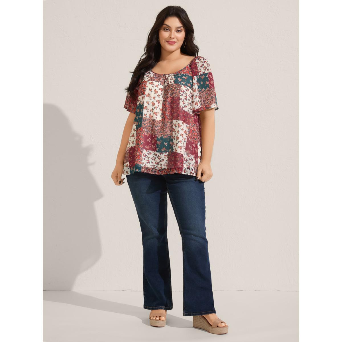 Plus Size Multicolor Boho Collage Print Backless Tie Blouse Women Short sleeve Round Neck Vacation Blouses BloomChic 30/6X Product Image