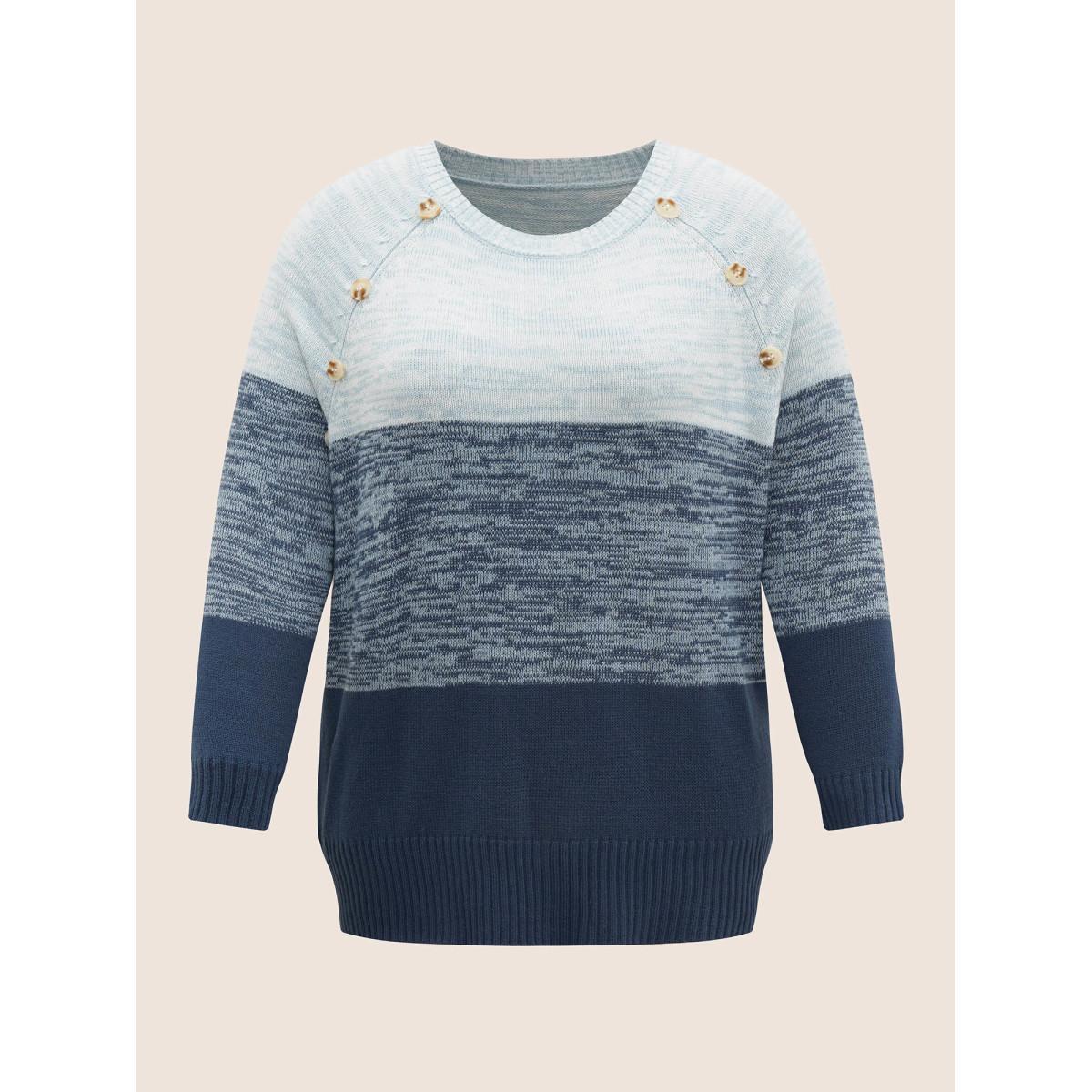 Plus Size Colorblock Contrast Heather Button Detail Pullover Indigo Women Casual Long Sleeve Round Neck Everyday Pullovers BloomChic 12/L Product Image