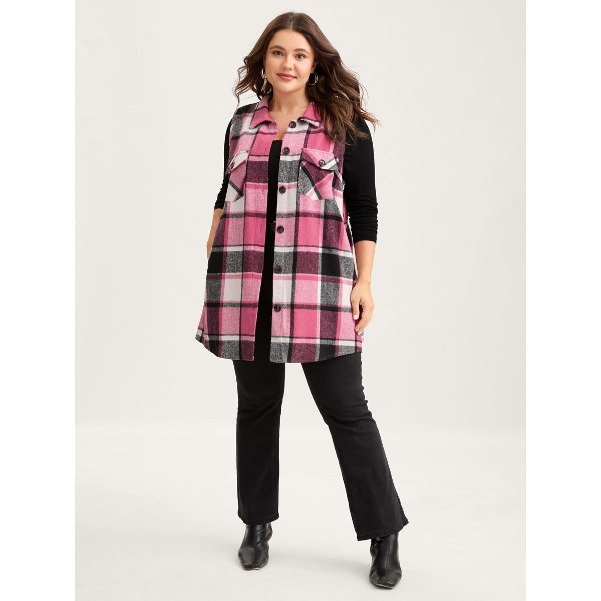 Plus Size Plaid Flap Detail Sleeveless Jacket Women Rosered Button Side seam pocket Everyday Jackets BloomChic 30/6X Product Image