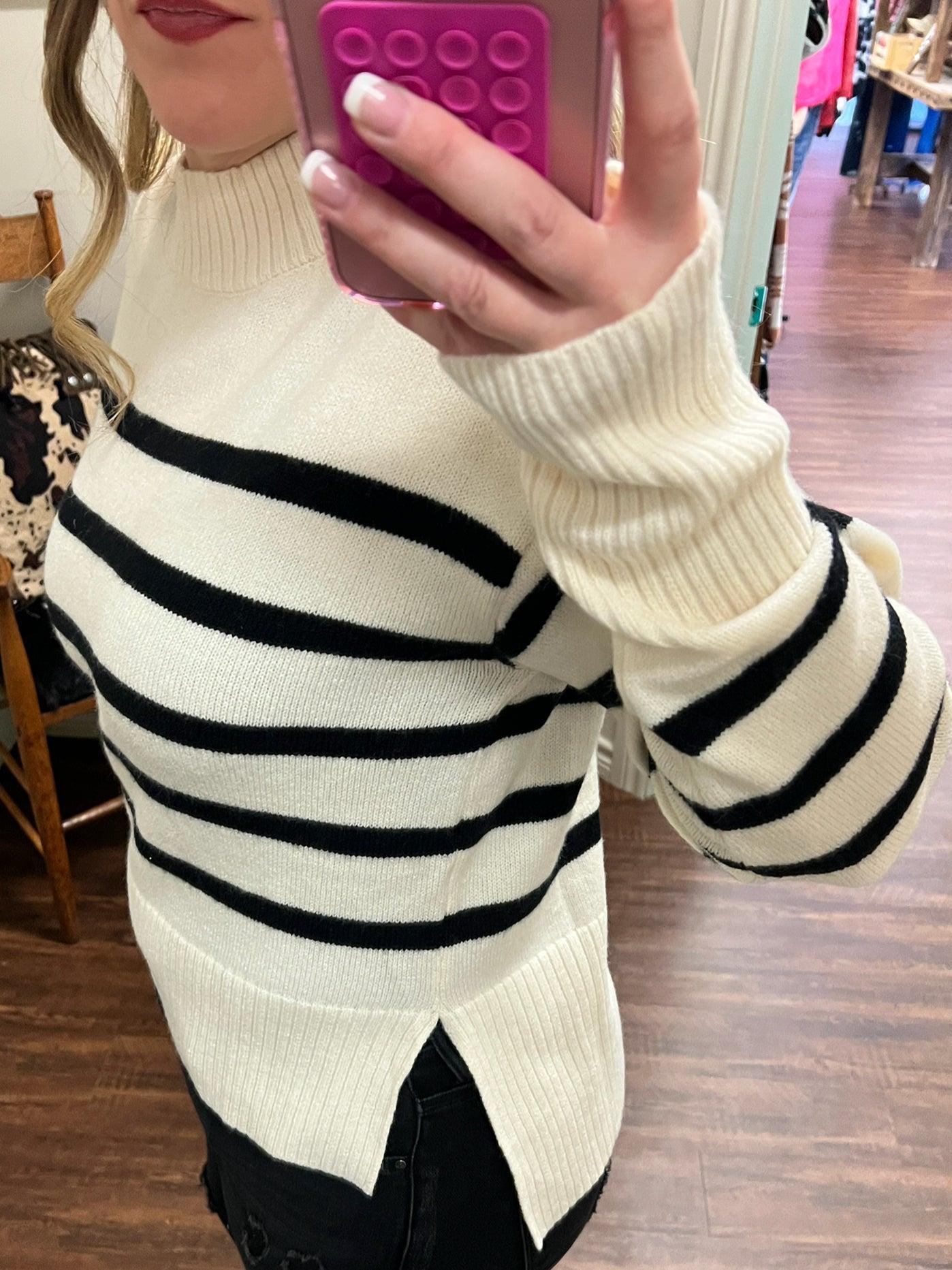 Super Soft Ribbed Striped Mock Neck Loose Fit Sweater- 3 Colors Product Image
