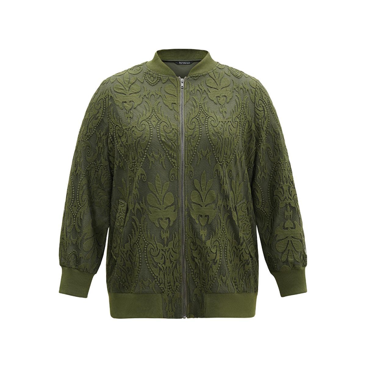 Plus Size Silhouette Floral Print Zipper Lace Panel Jacket Women ArmyGreen Elastic cuffs Pocket Everyday Jackets BloomChic 18-20/2X Product Image