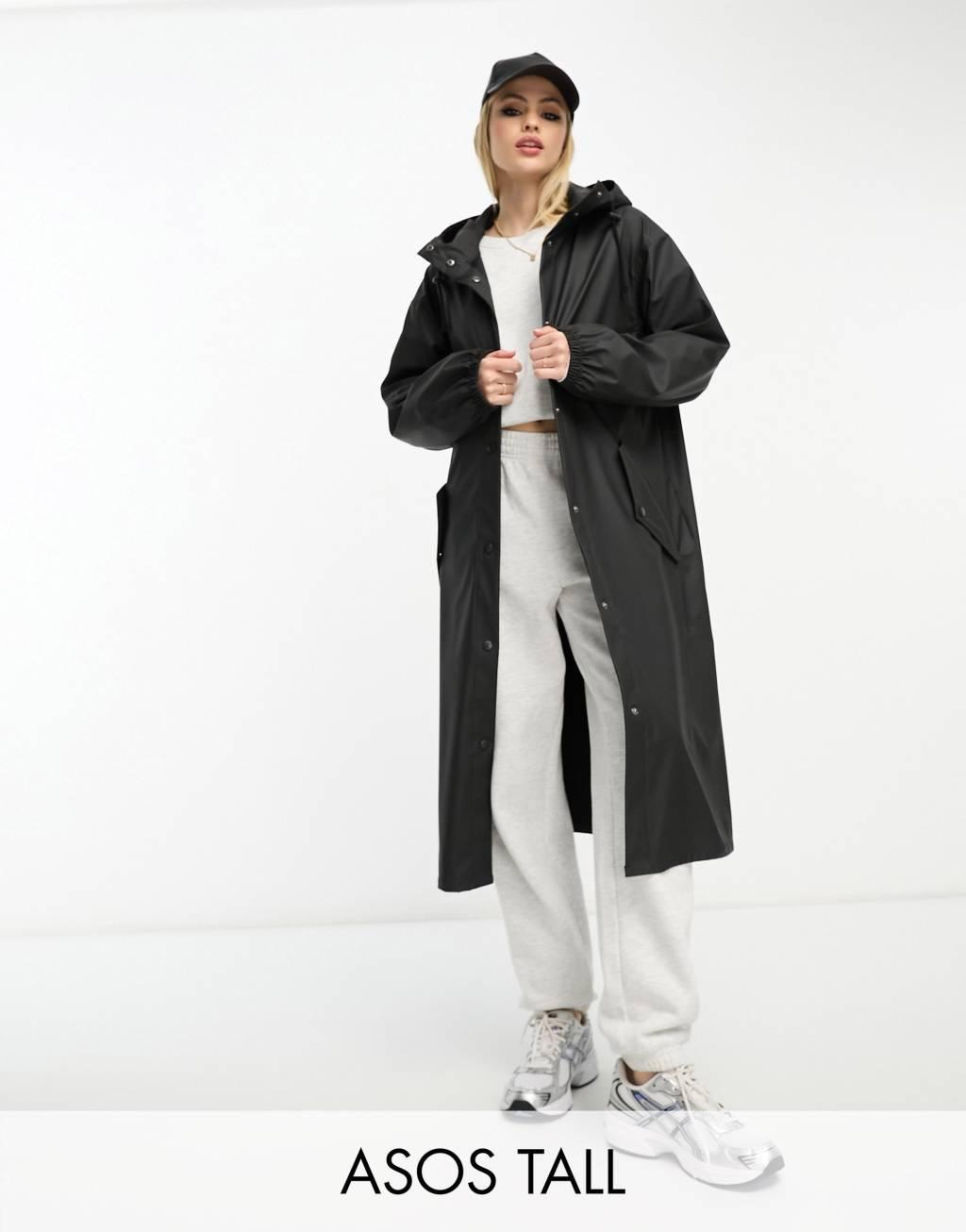 ASOS DESIGN Tall rubberized rain parka coat in black Product Image