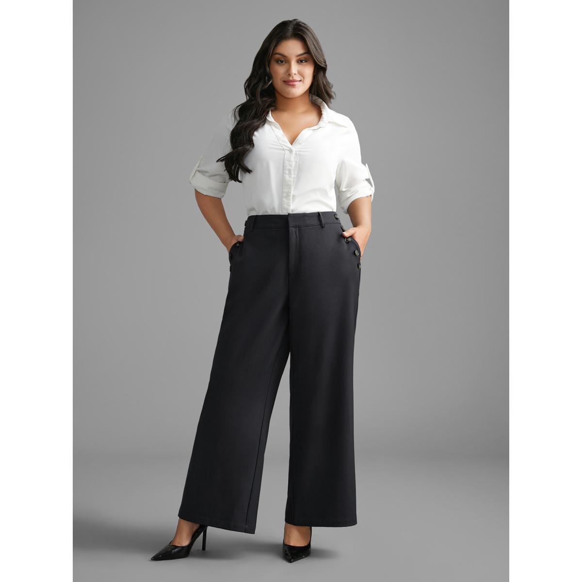 Plus Size Stretchy Woven Button Detail Bootcut Pants Women DimGray Workwear Essentials Bootcut Mid Rise Work Pants BloomChic 18-20/2X Product Image