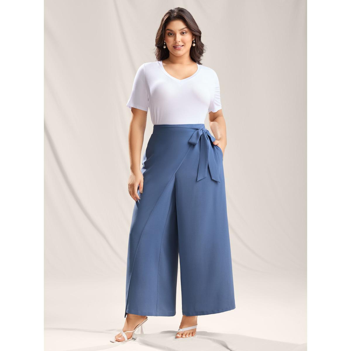 Plus Size Belted Wrap Detail Wide-Leg Pants Women Stone Elegant Wide Leg Mid Rise Everyday-Elegant Pants BloomChic 12/L Product Image