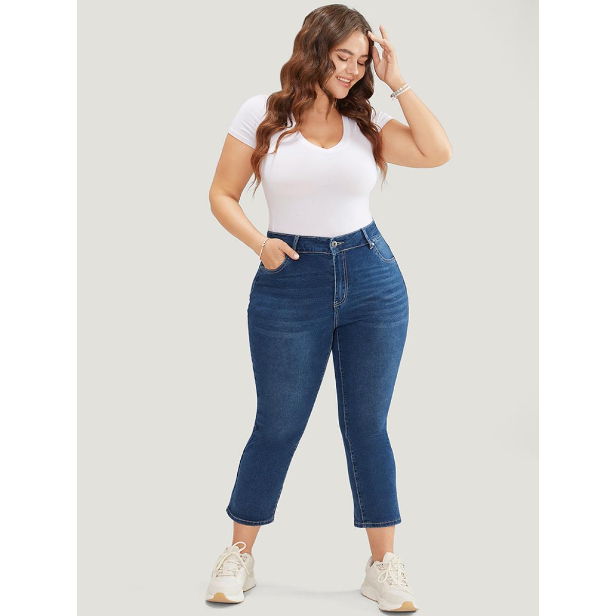 Plus Size Skinny Moderately Stretchy High Rise Dark Wash Jeans Women DarkBlue Casual Plain Medium stretch Jeans BloomChic 12/L Product Image