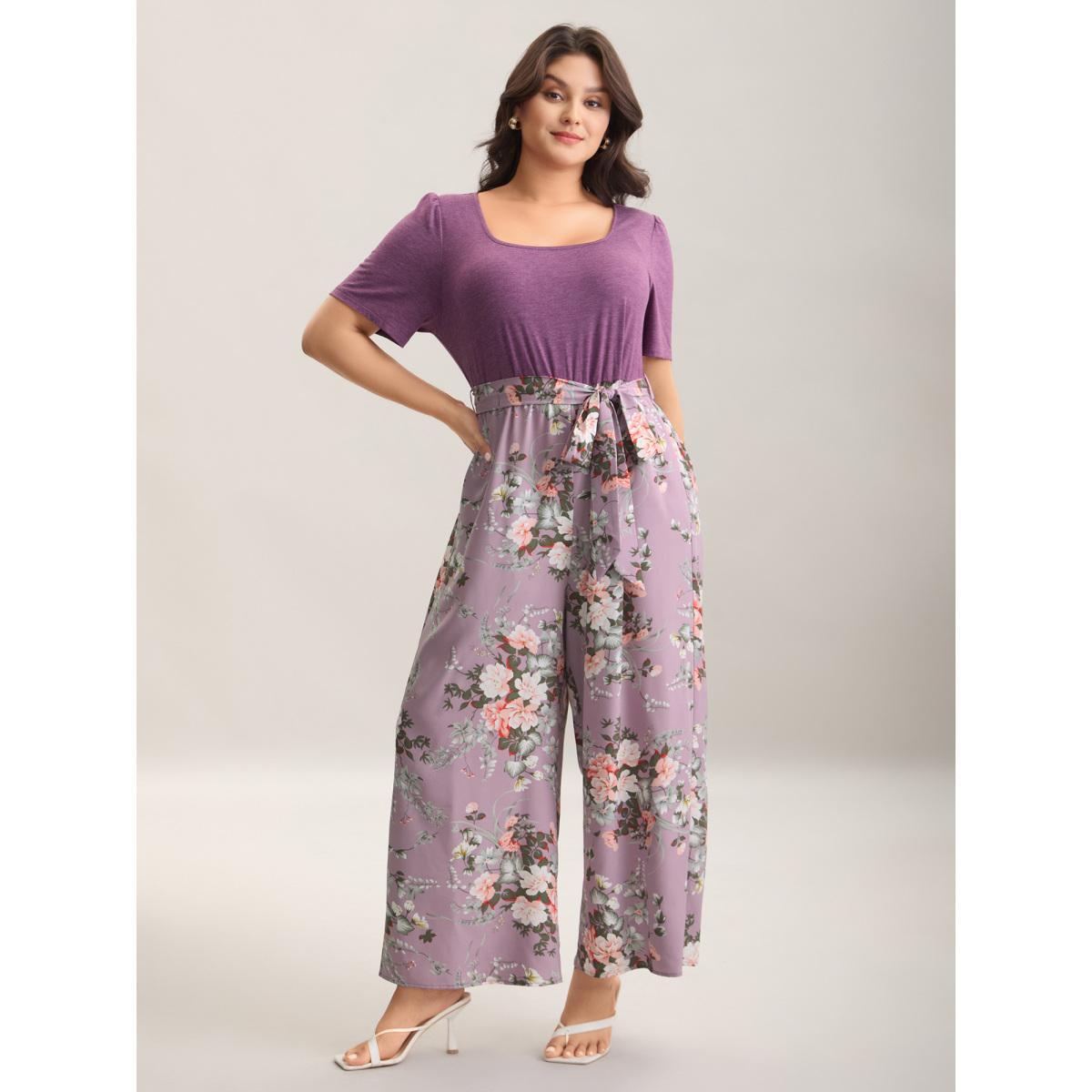Plus Size Lilac Color Contrast Belted Panel Pockets Jumpsuit Women Elegant Short sleeve Square Neck Everyday-Elegant Loose Jumpsuits BloomChic 18-20/2X Product Image