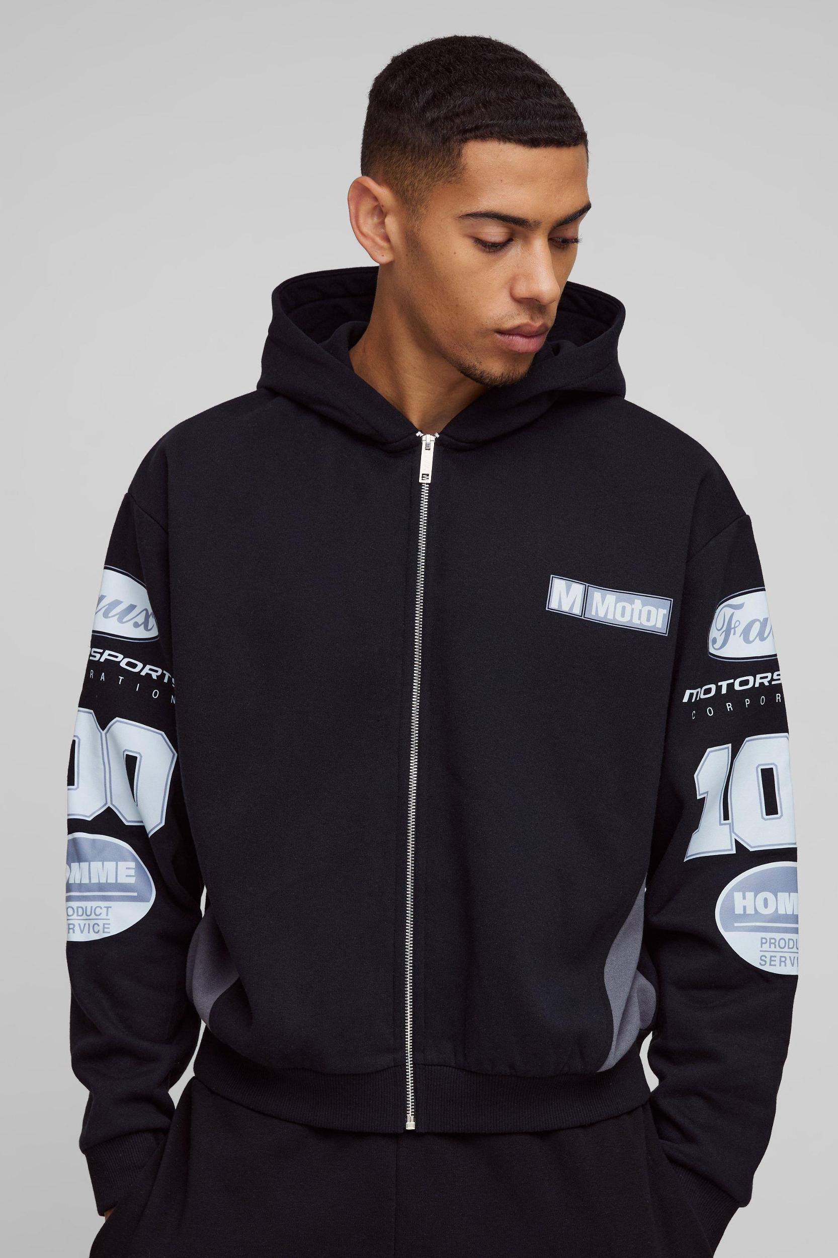 Mens Navy Oversized Boxy Moto Gusset Zip Through Hoodie, Navy Product Image