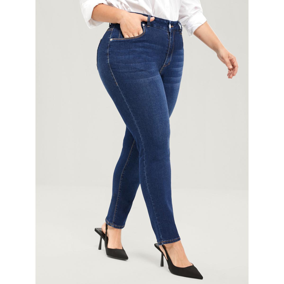 Plus Size Straight Very Stretchy High Rise Dark Wash Jeans Women DarkBlue Casual Plain Plain High stretch Pocket Jeans BloomChic 30/6X Product Image