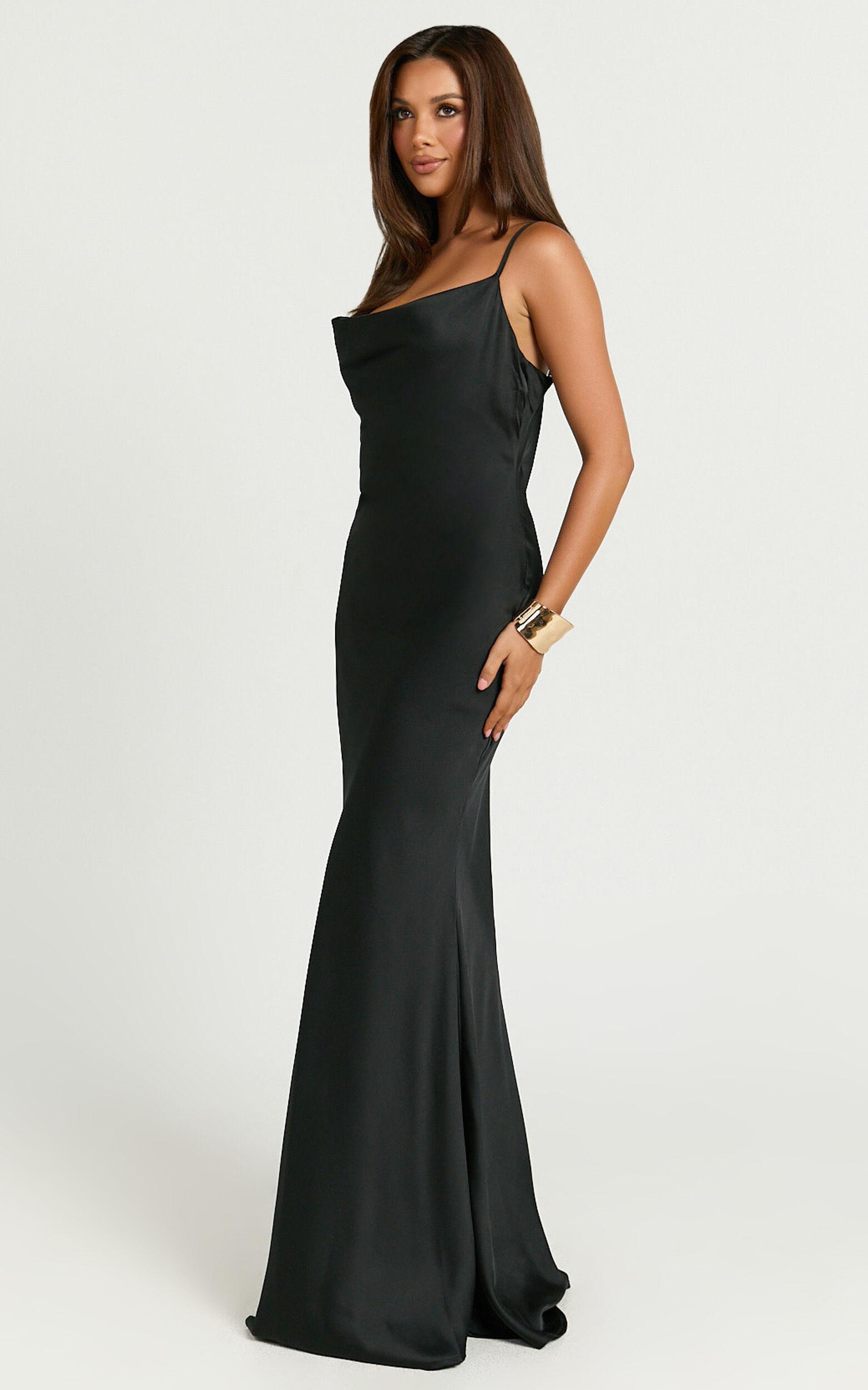 Lunaria Maxi Dress - Cowl Mermaid Slip Dress in Black Product Image