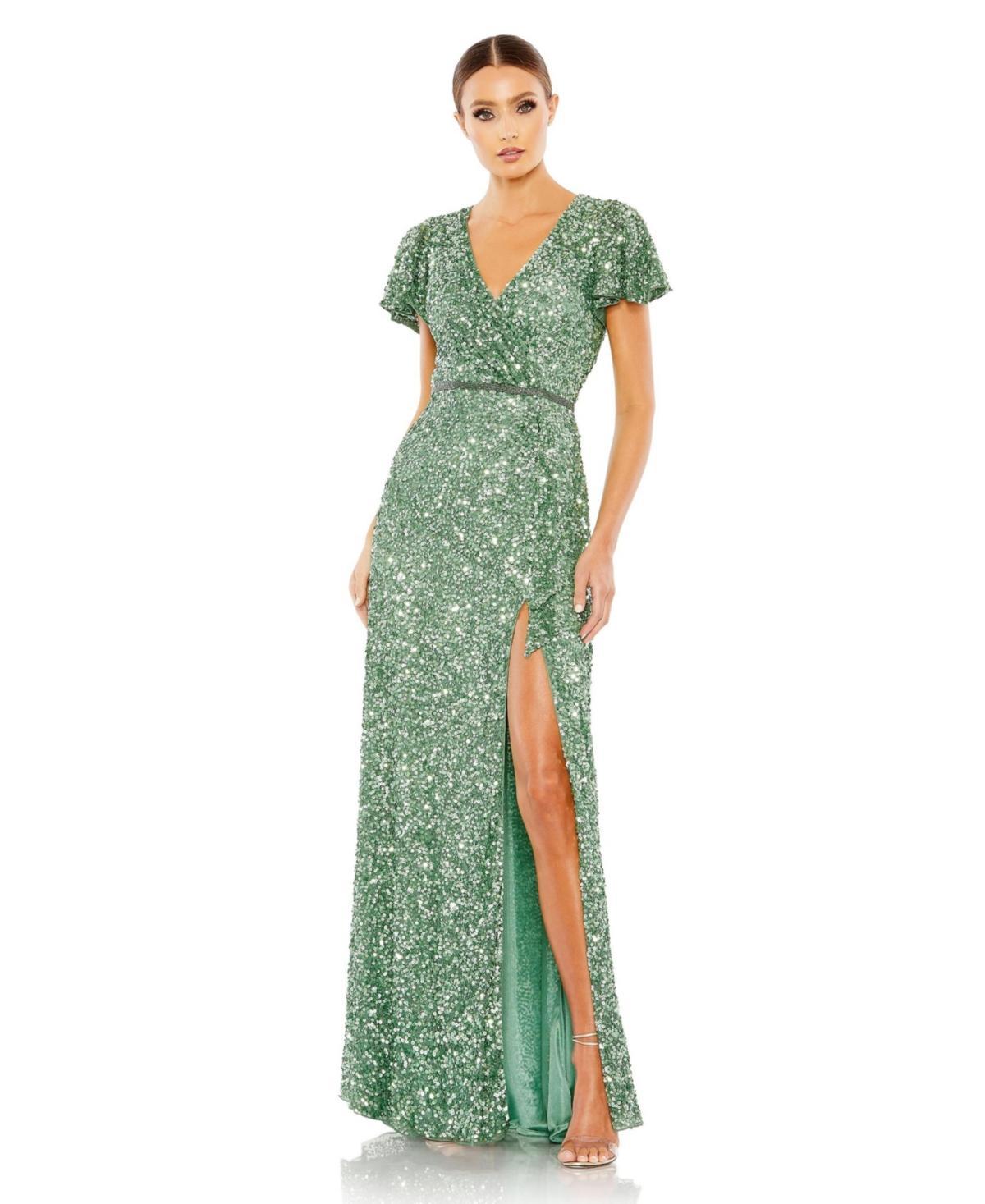 Mac Duggal Sequin V-Neck Short Flutter Sleeve Front Slit Gown Product Image