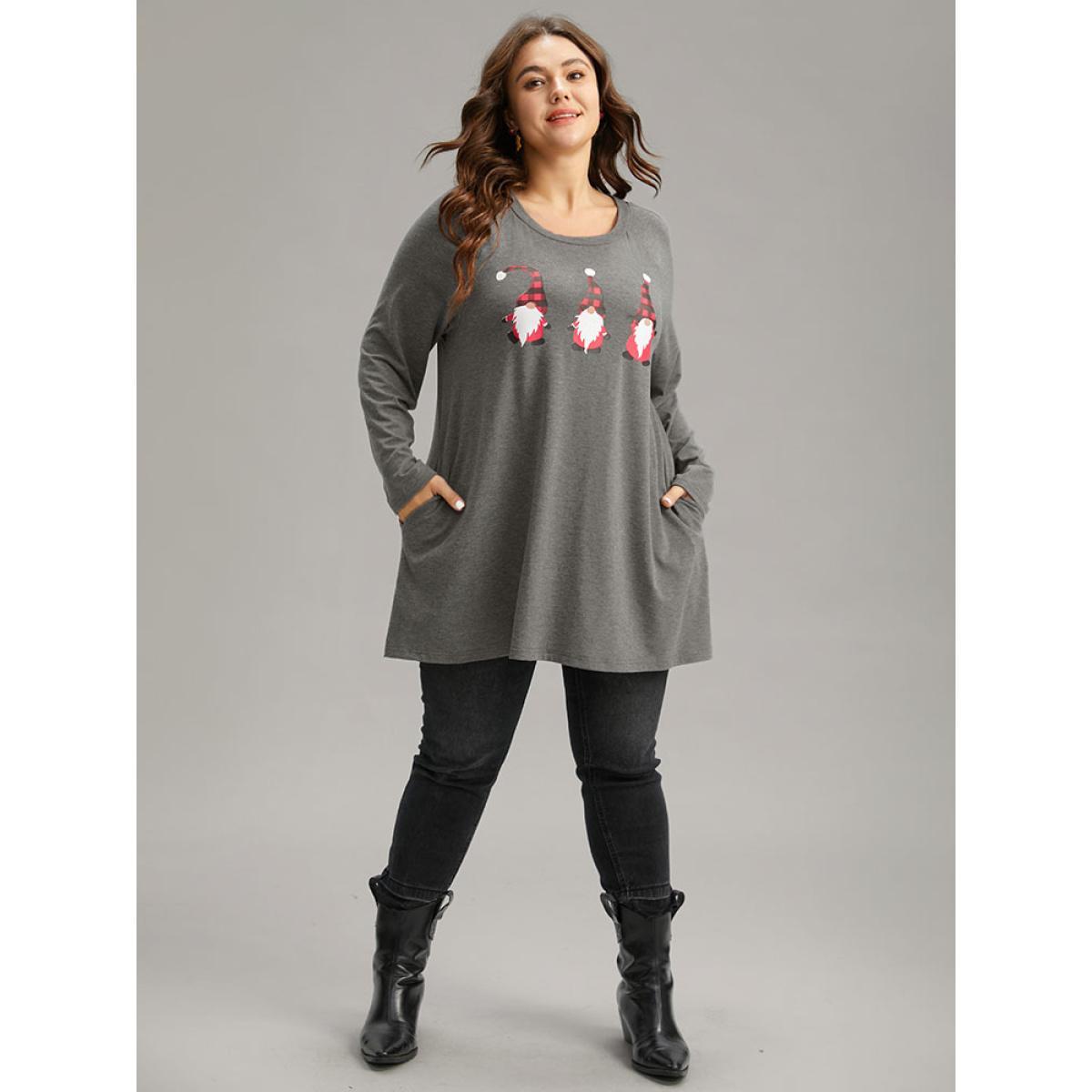 Plus Size Santa Claus Print Long Sleeve T-shirt Gray Women Casual Printed Christmas Dailywear T-shirts BloomChic 22-24/3X Product Image