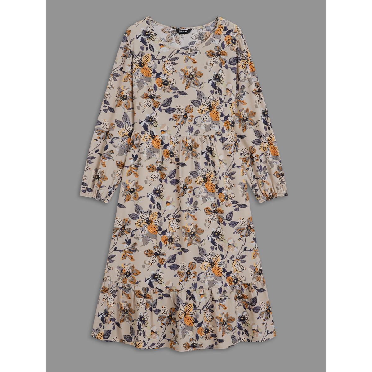 Plus Size Floral Stretchy Waist-Cinched Pocket Dress Tan Women Elegant Non Round Neck Long Sleeve Curvy BloomChic 26/4X Product Image