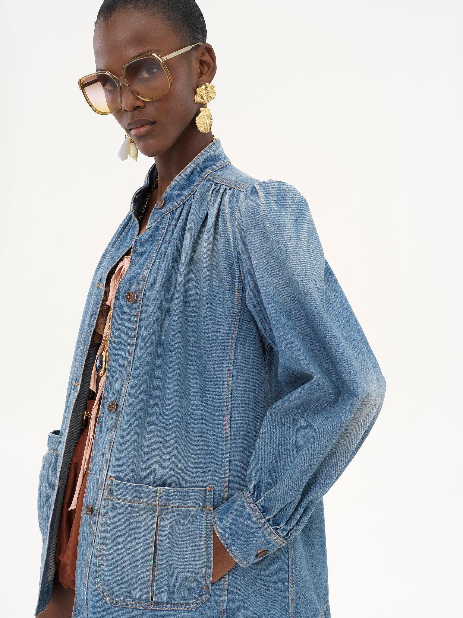High-neck gathered jacket in denim Product Image