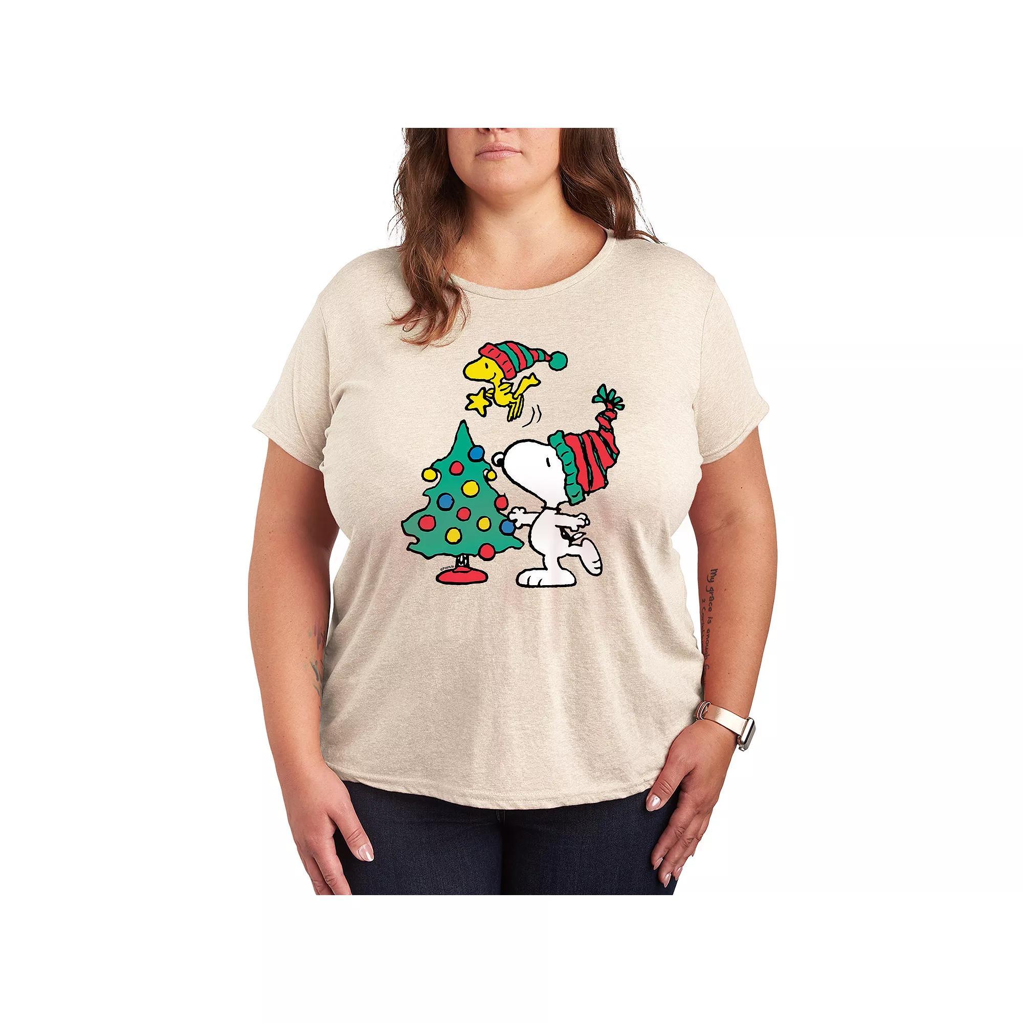 Plus Size Peanuts Snoopy & Woodstock Christmas Tree Graphic Tee, Womens Product Image