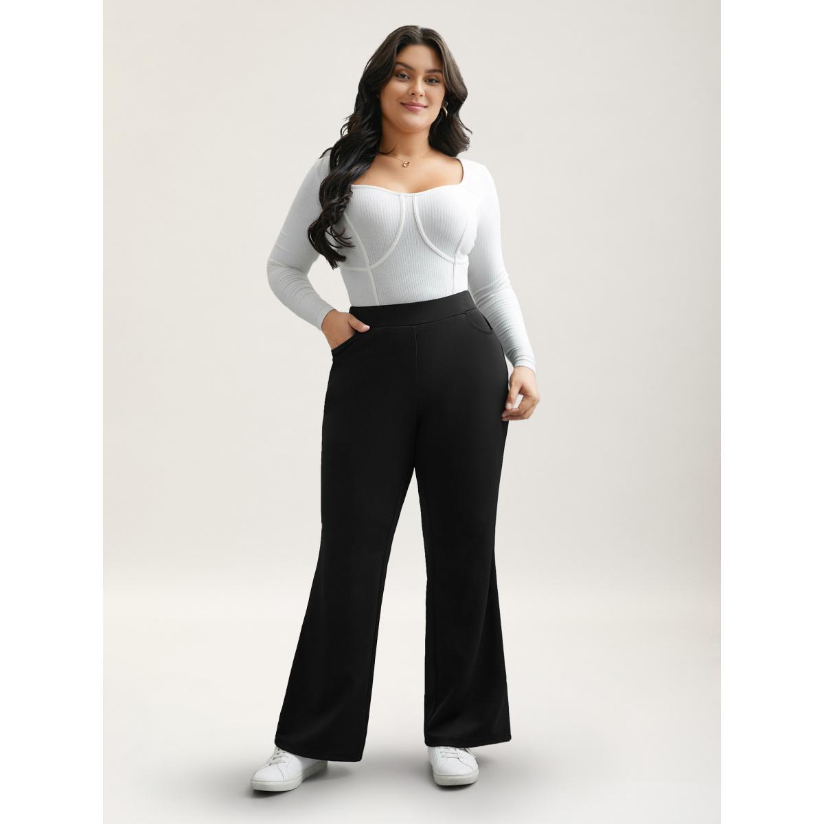 Plus Size Stretchy Waist Pockets Flared Pants Women Black Workwear Essentials Bootcut Mid Rise Work Pants BloomChic 30/6X Product Image