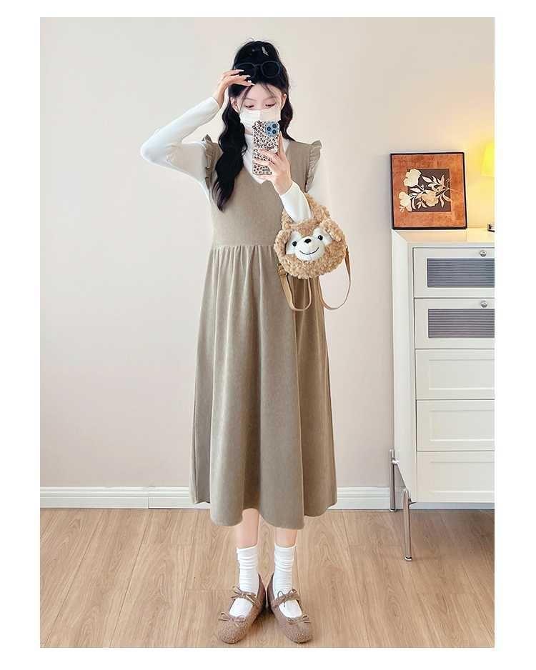 Maternity V-Neck Ruffle Trim Midi A-Line Pinafore Dress Product Image