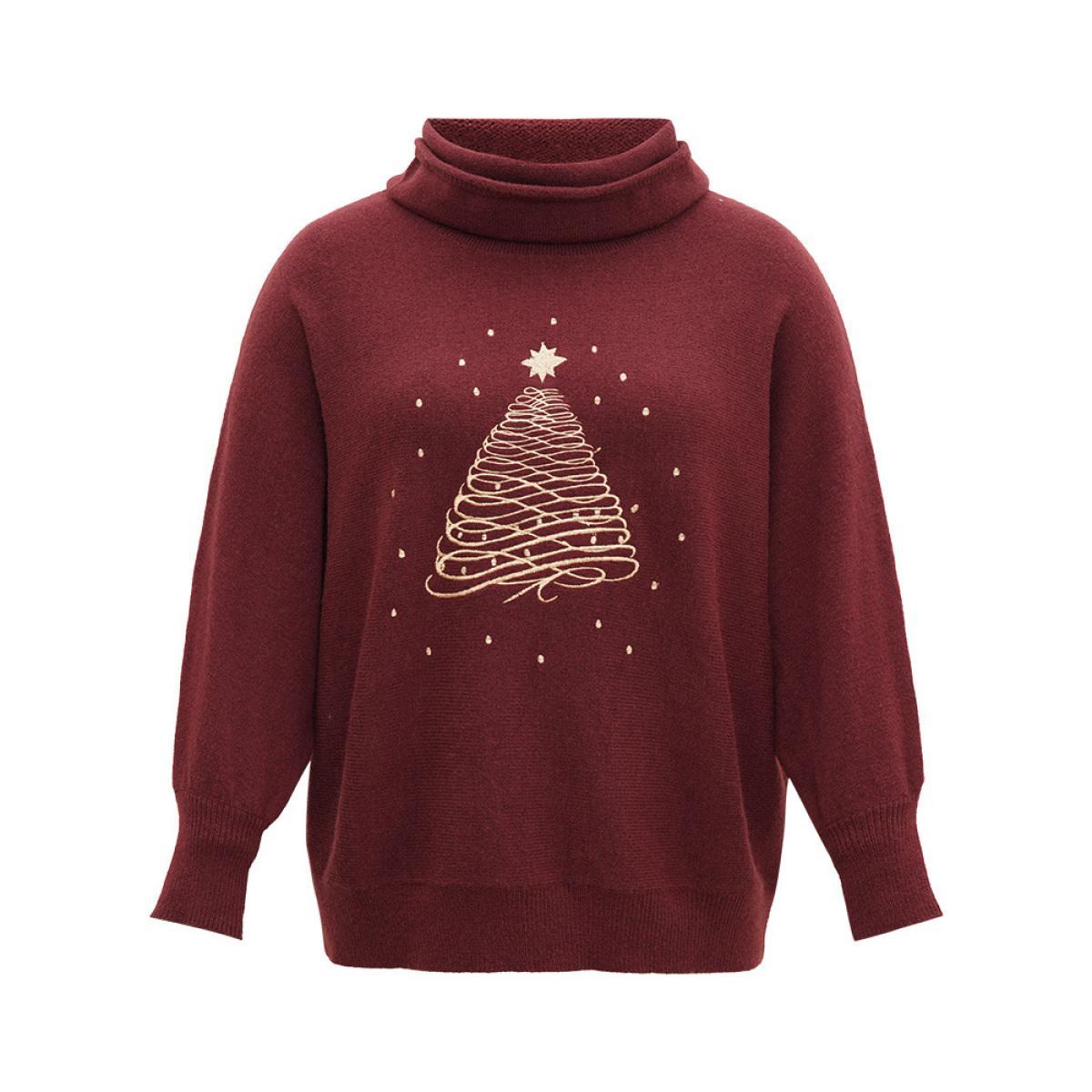 Plus Size Anti-Pilling Christmas Embroidered Turtle Neck Pullover Burgundy Women Casual Loose Long Sleeve Turtleneck Festival-Christmas Pullovers BloomChic 28/5X Product Image