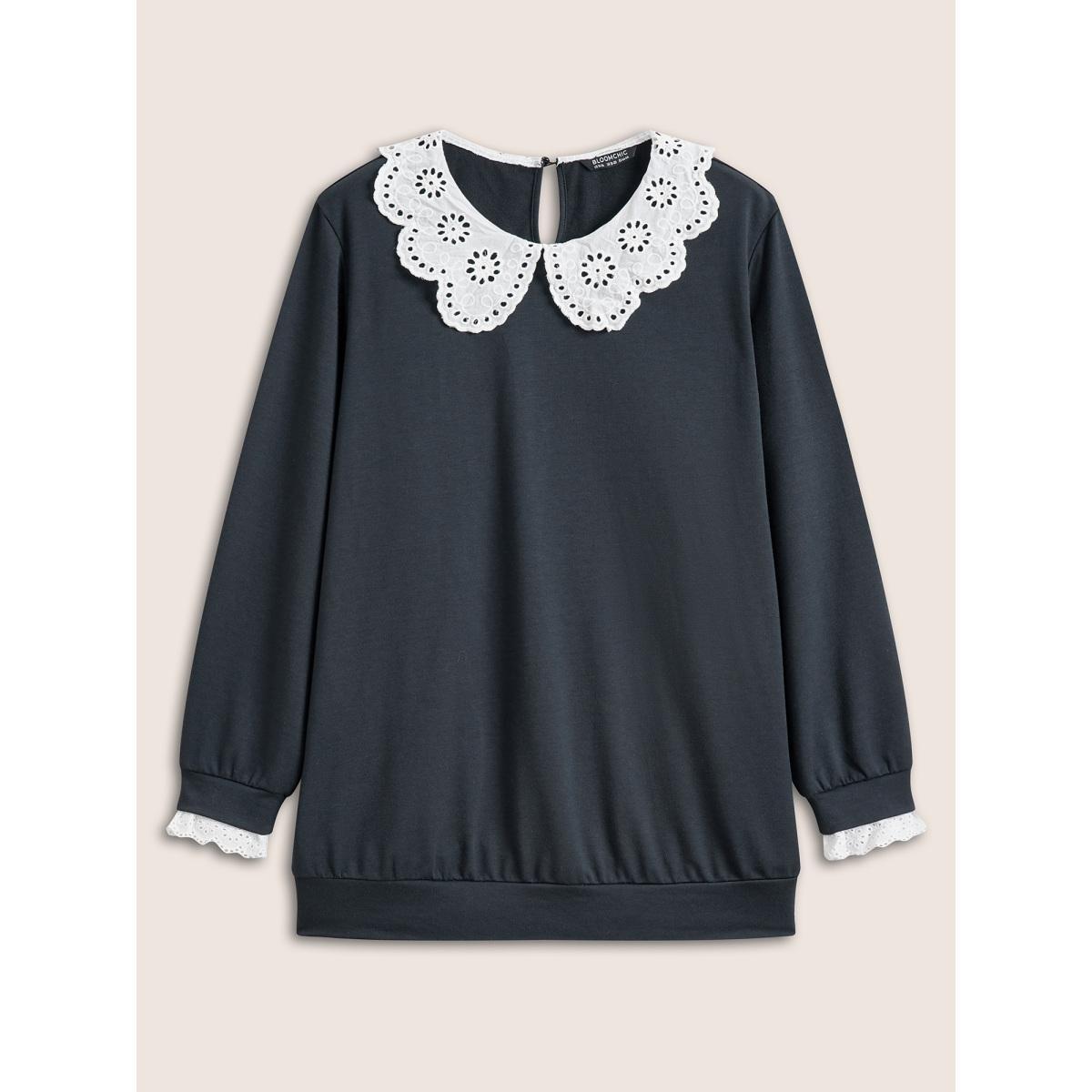 Plus Size Contrast Peter Pan Collar Broderie Anglaise Sweatshirt Women Midnight Casual Contrast Peter Pan Collar Everyday Sweatshirts BloomChic 18-20/2X Product Image
