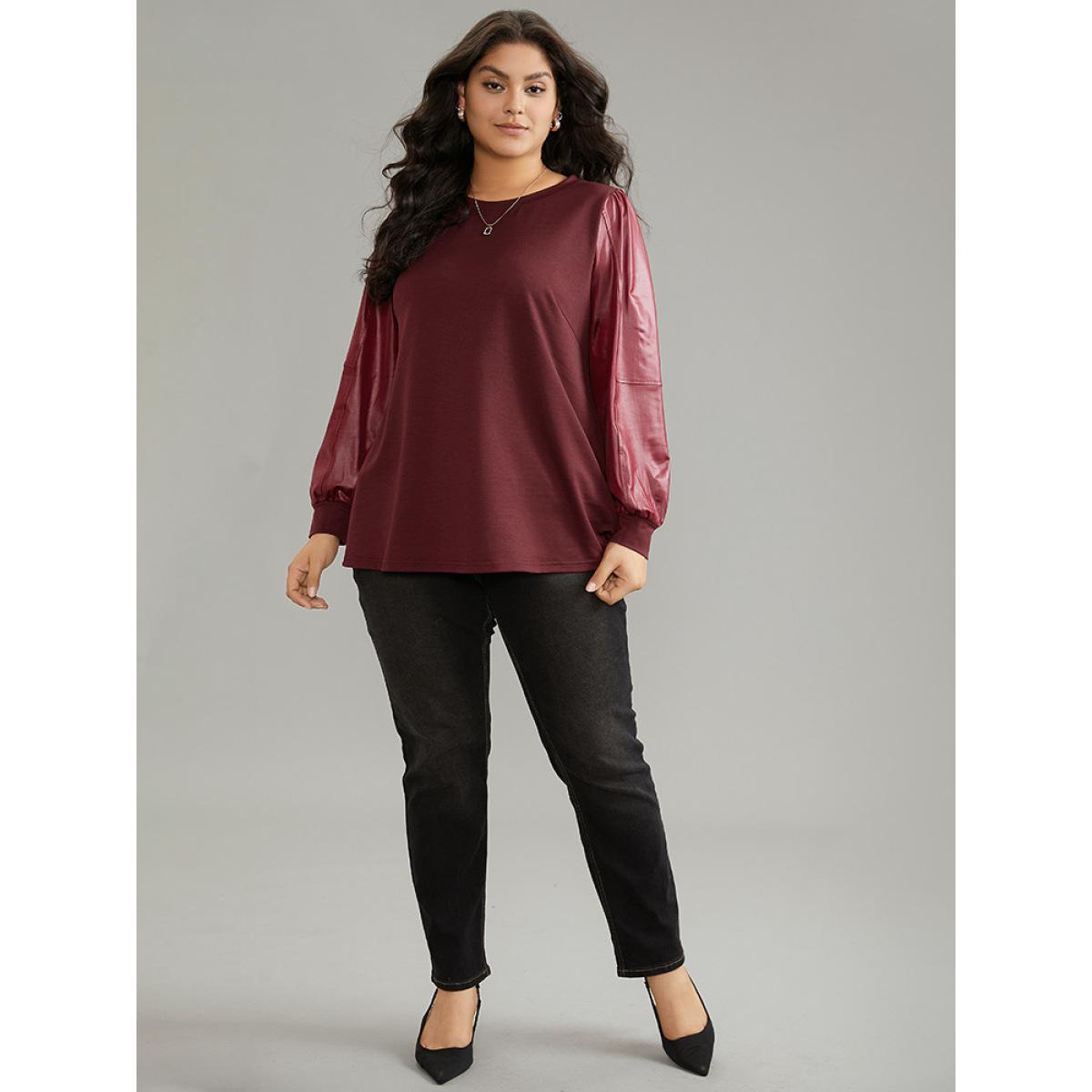 Plus Size Plaid Patchwork Button Detail Curved Hem Sweatshirt Women Black Casual Contrast Round Neck Festival-Christmas Sweatshirts BloomChic 14-16/1X Product Image