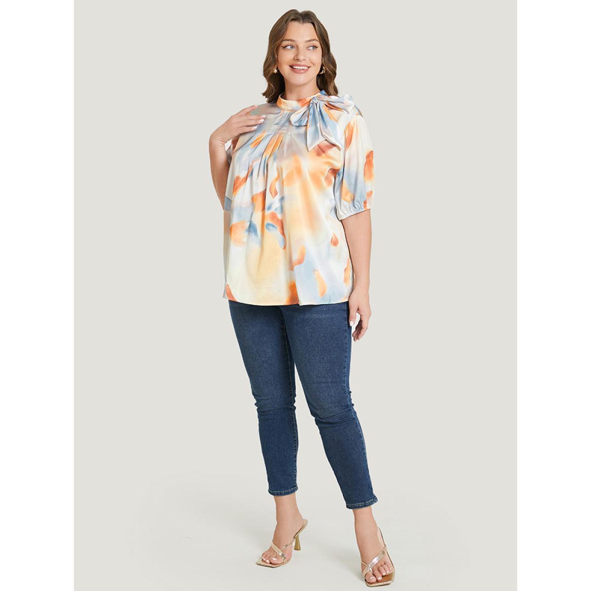 Plus Size Multicolor Ombre Print Knotted Keyhole Puff Sleeve Belted Blouse Women Vacation Short sleeve Mock Neck Dailywear Blouses BloomChic 18-20/2X Product Image