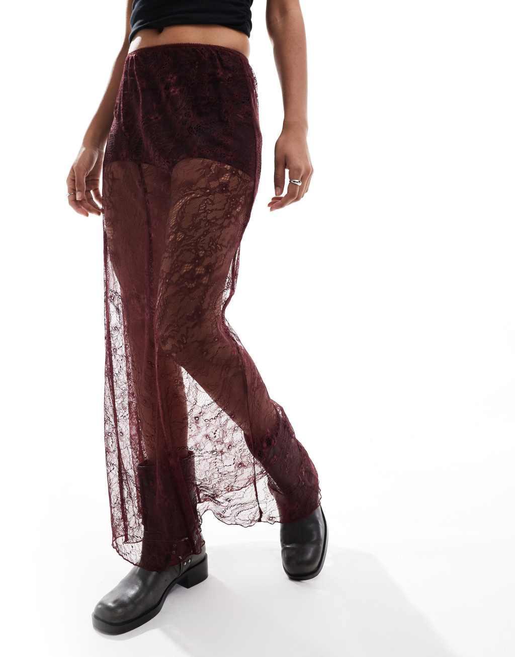 ASOS DESIGN lace seam detail maxi skirt in burgundy Product Image