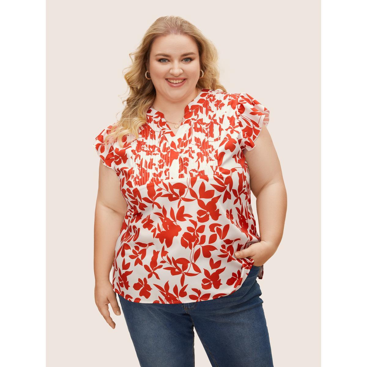 Plus Size OrangeRed Silhouette Floral Print Notched Collar Pleated Blouse Women Resort Cap Sleeve Notched collar Vacation Blouses BloomChic 28/5X Product Image
