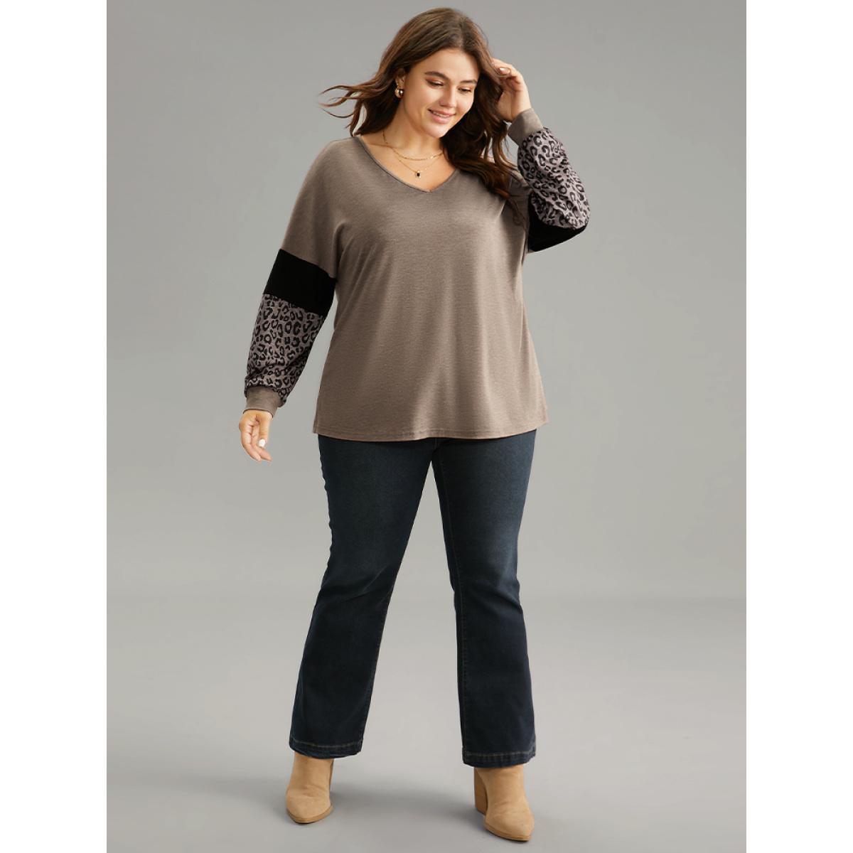Plus Size Leopard Patchwork Contrast Dolman Sleeve T-shirt LightBrown Women Casual Contrast Leopard V-neck Dailywear T-shirts BloomChic 12/L Product Image