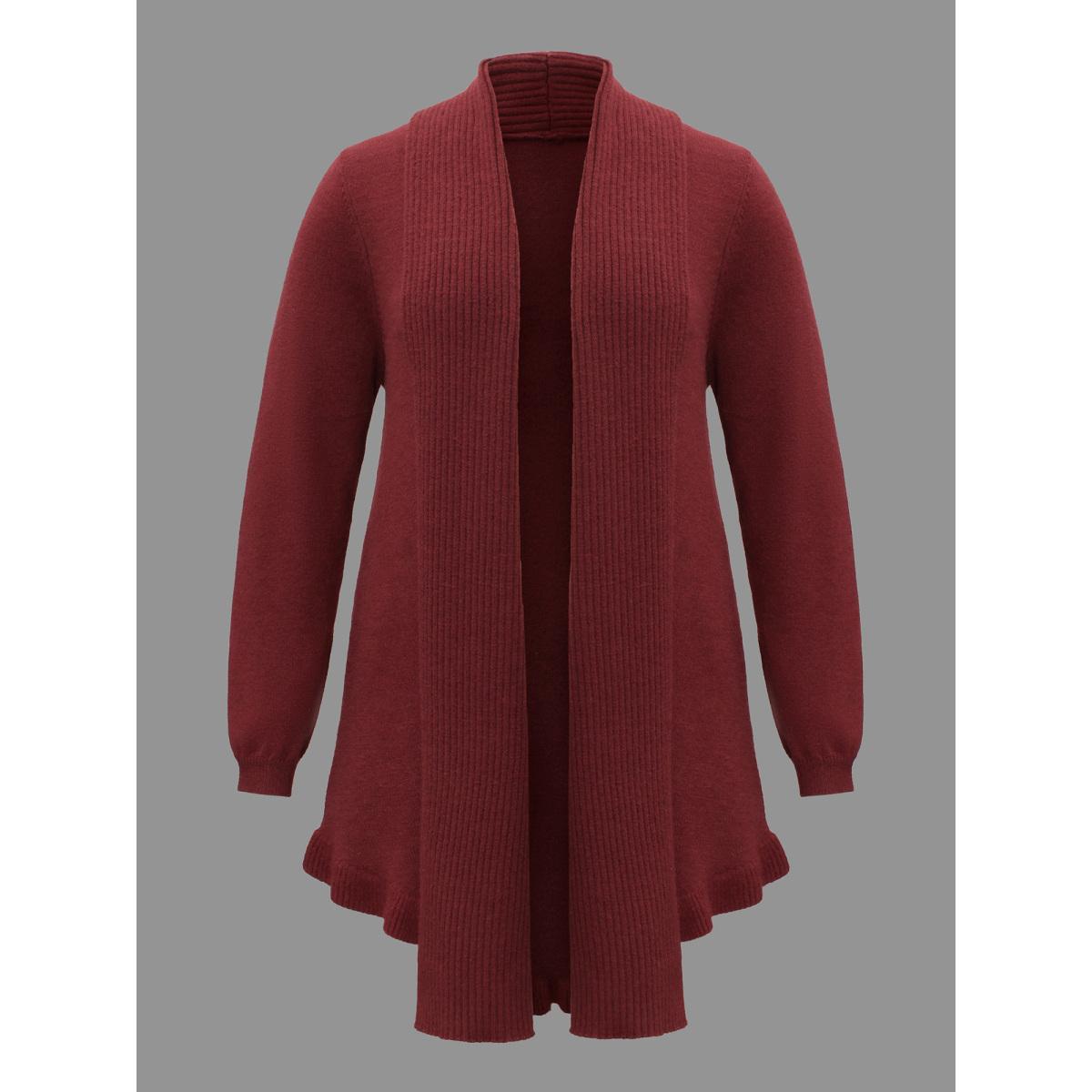Plus Size Kimono Collar Texture Knit Ruffle Hem Cardigan Deepred Women Casual Loose Long Sleeve Everyday Cardigans BloomChic 10/M Product Image