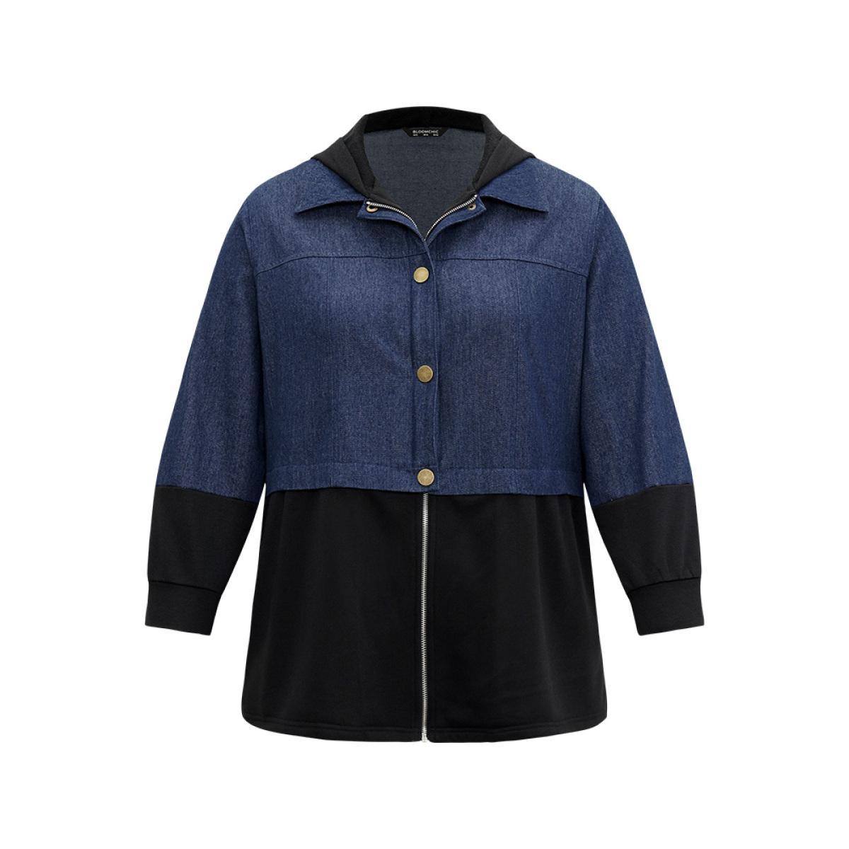 Plus Size Contrast Patchwork Button Up Pocket Zipper Coat Women Black Casual Contrast Ladies Everyday Winter Coats BloomChic 14-16/1X Product Image
