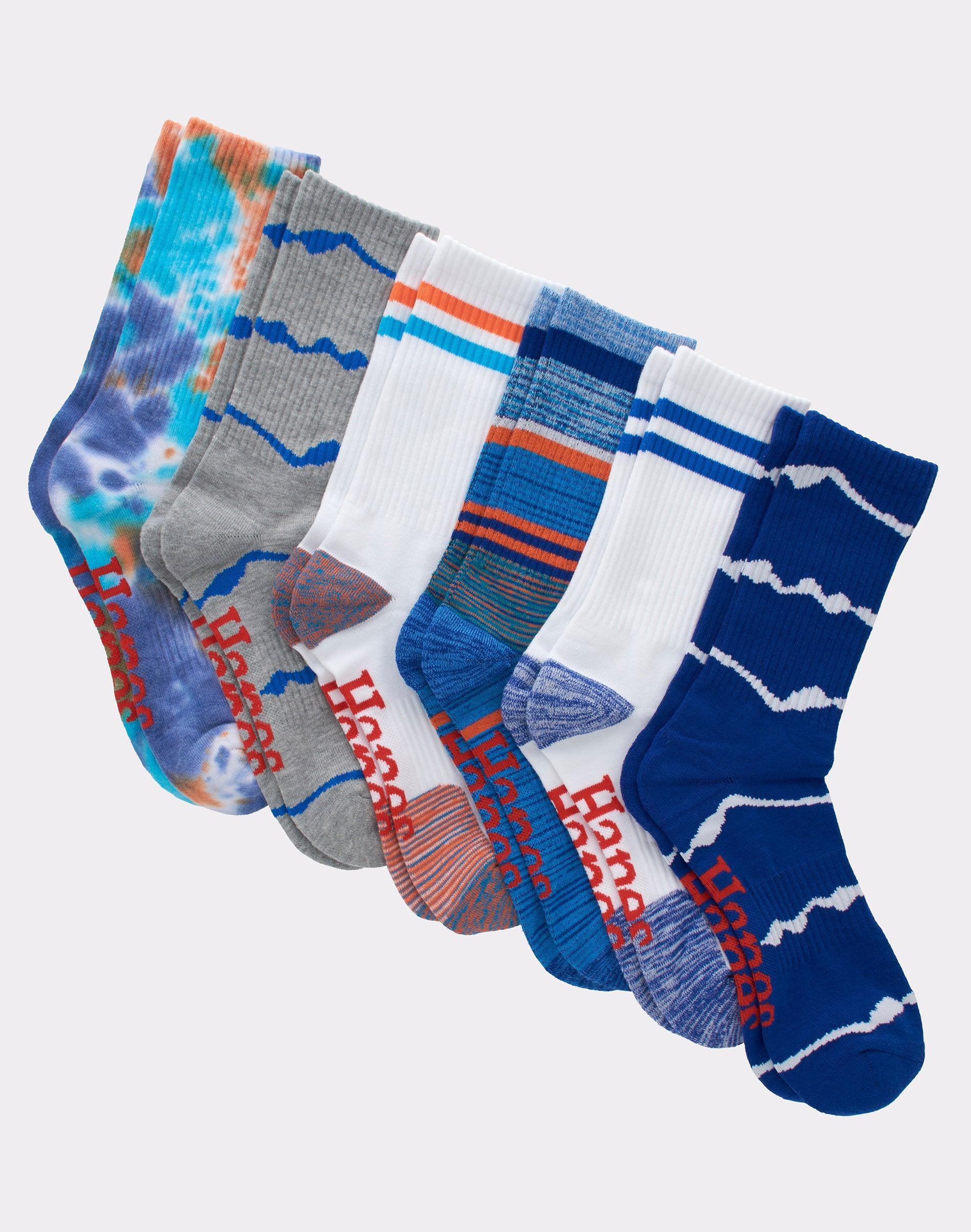 Hanes Originals Mens Crew Socks, Moisture Wicking, 6-Pairs Blue Assorted/Abstract Stripe 6-12 Product Image