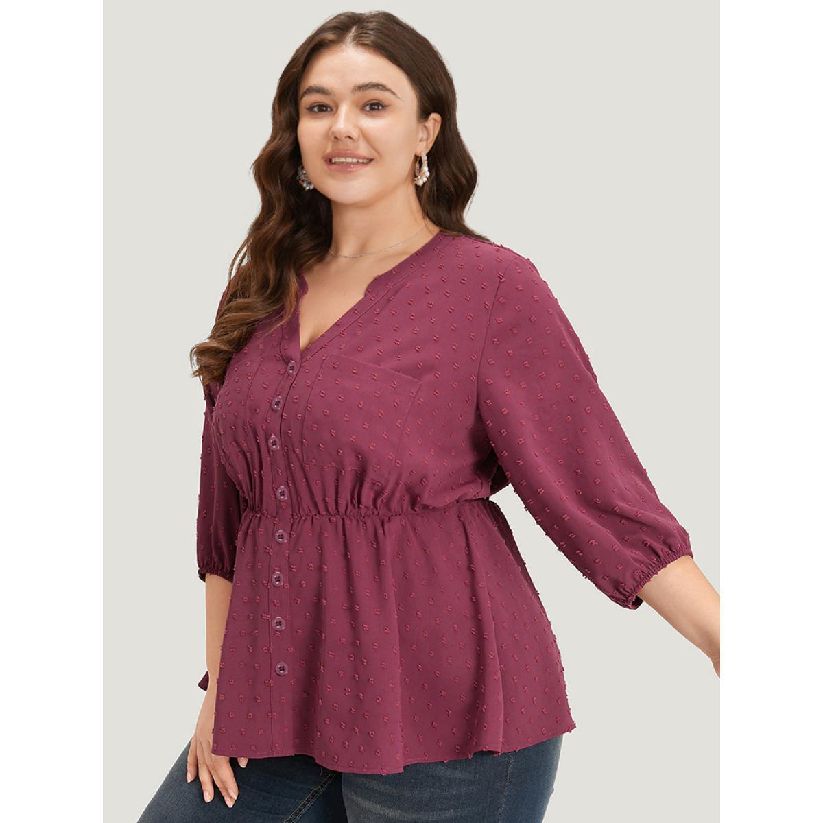 Plus Size Purple Plain Notched Button Through Lantern Sleeve Blouse Women Office Elbow-length sleeve Notched collar Work Blouses BloomChic 10/M Product Image