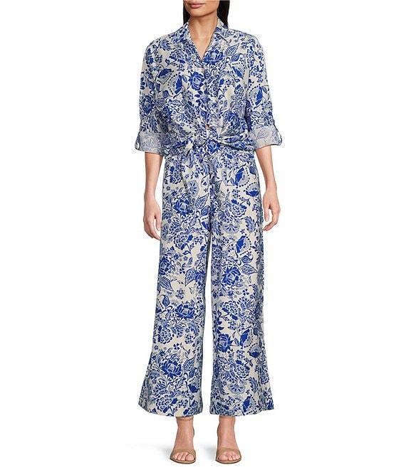 Calessa Petite Size Coordinating Antique Floral Point Collar Long Sleeve Tie-Front Blouse Product Image