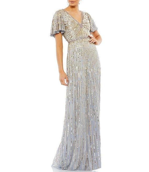 Mac Duggal Sequin V-Neck Short Butterfly Sleeve Gown Product Image