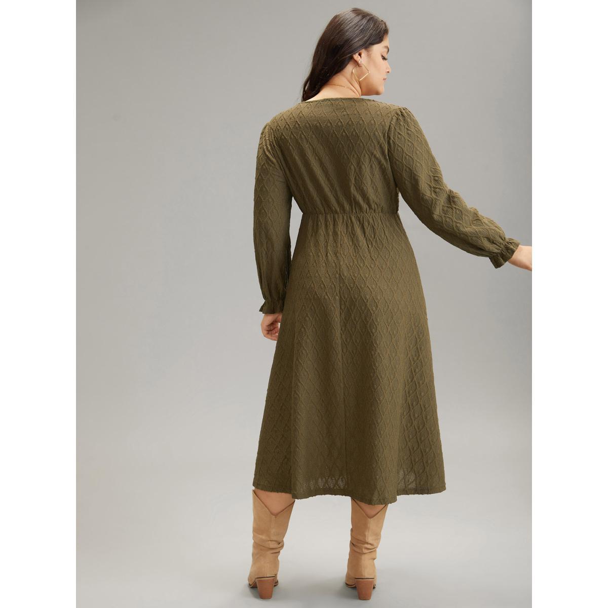 Plus Size Textured Jacquard Notched Ruffle Sleeve Dress DarkBrown Women At the Office Texture Notched collar Long Sleeve Curvy Midi Dress BloomChic 28/5X Product Image