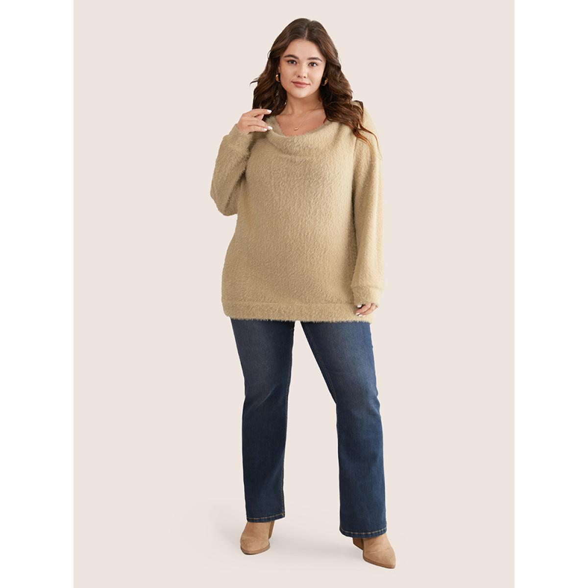 Plus Size Fuzzy Plain Cowl Neck Sweatshirt Women Tan Casual Texture Cowl Neck Dailywear Sweatshirts BloomChic 22-24/3X Product Image