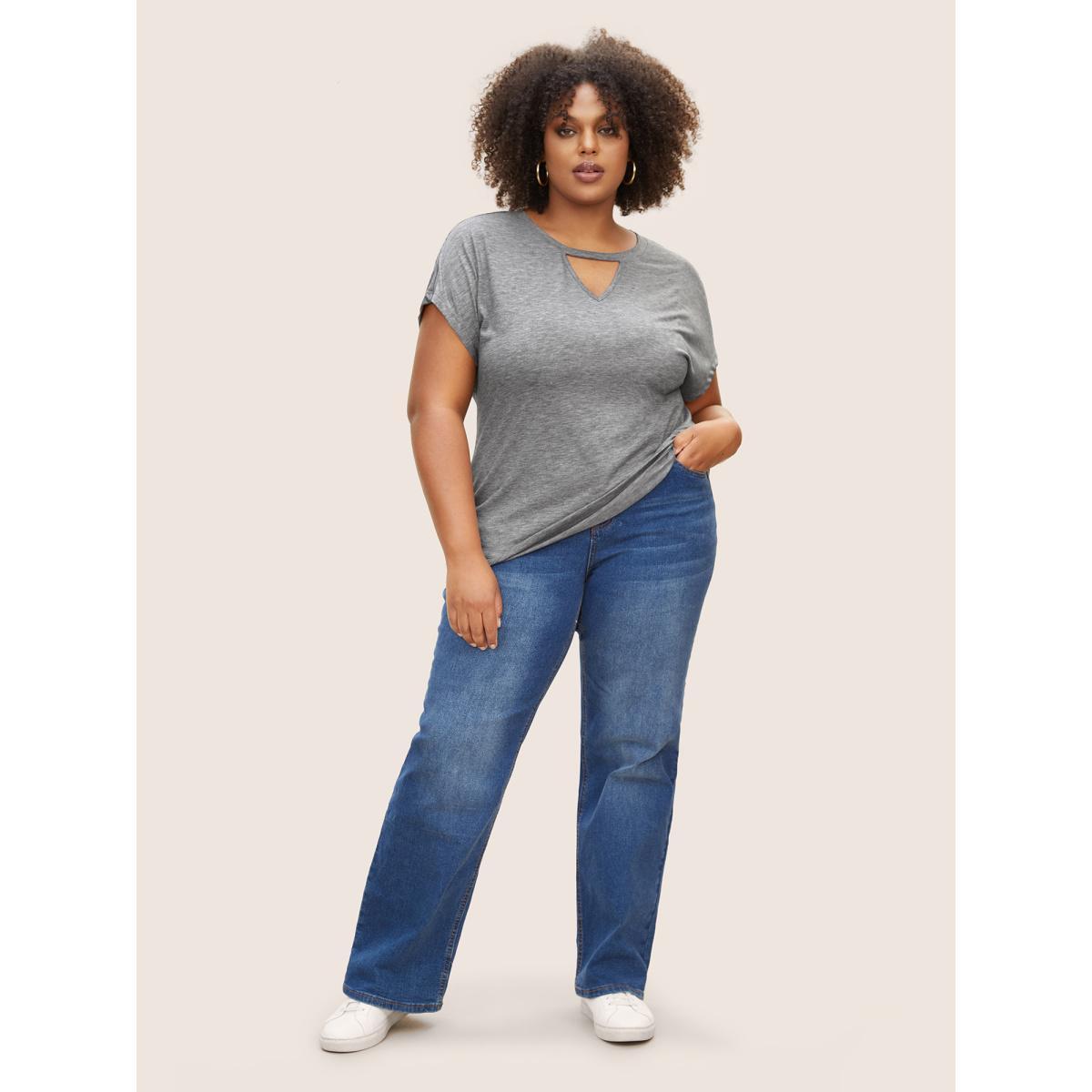 Plus Size Plain Heather Keyhole Dolman Sleeve T-shirt DarkGray Women Casual Cut-Out Round Neck Everyday T-shirts BloomChic 12/L Product Image