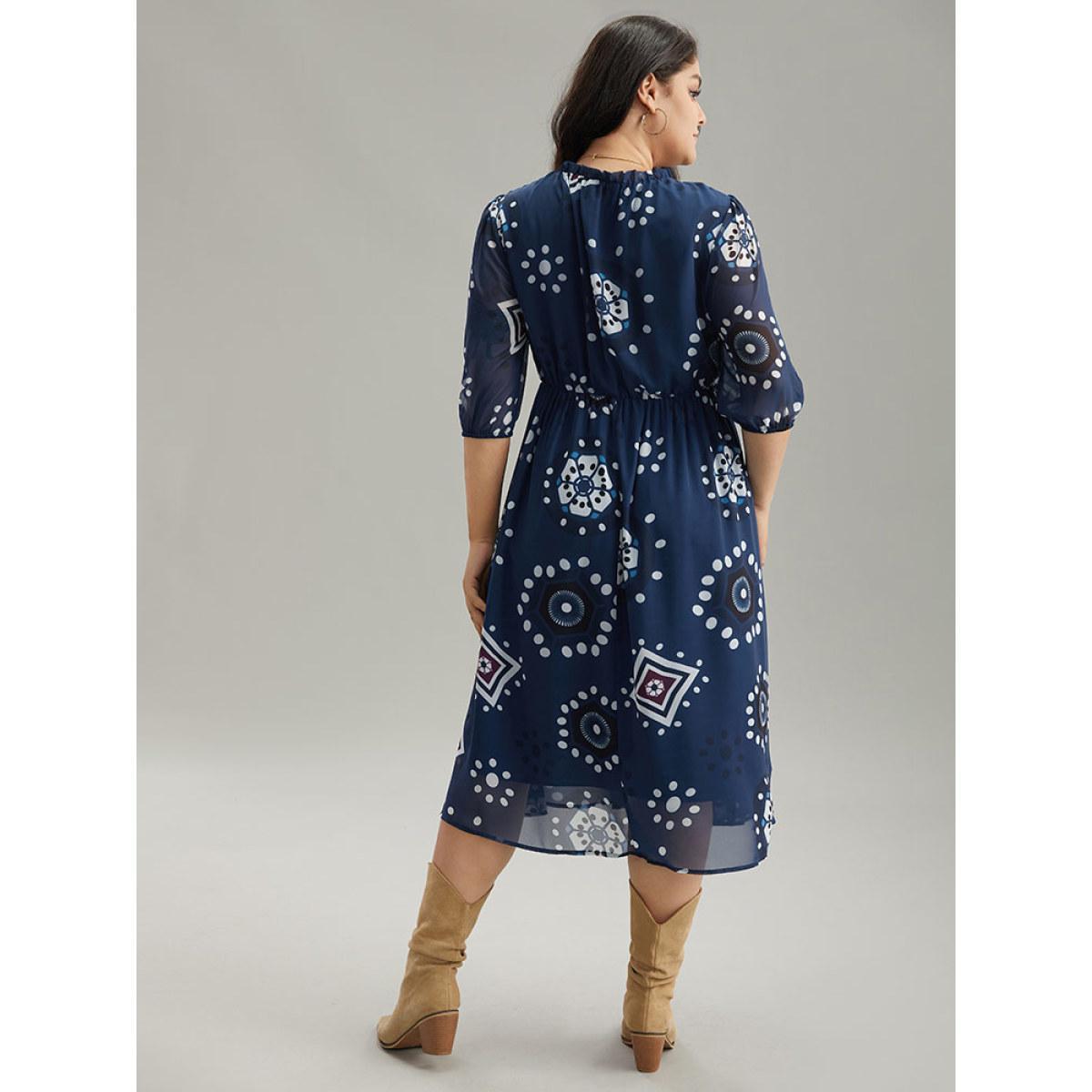 Plus Size Geometric Mesh Stand Collar Frill Trim Dress DarkBlue Women Vacation Elastic cuffs Stand-up collar Elbow-length sleeve Curvy Midi Dress BloomChic 22-24/3X Product Image