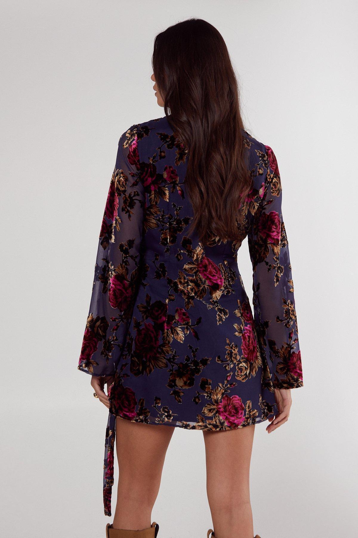 Floral Devore Bow Split Tunic Mini Dress Product Image