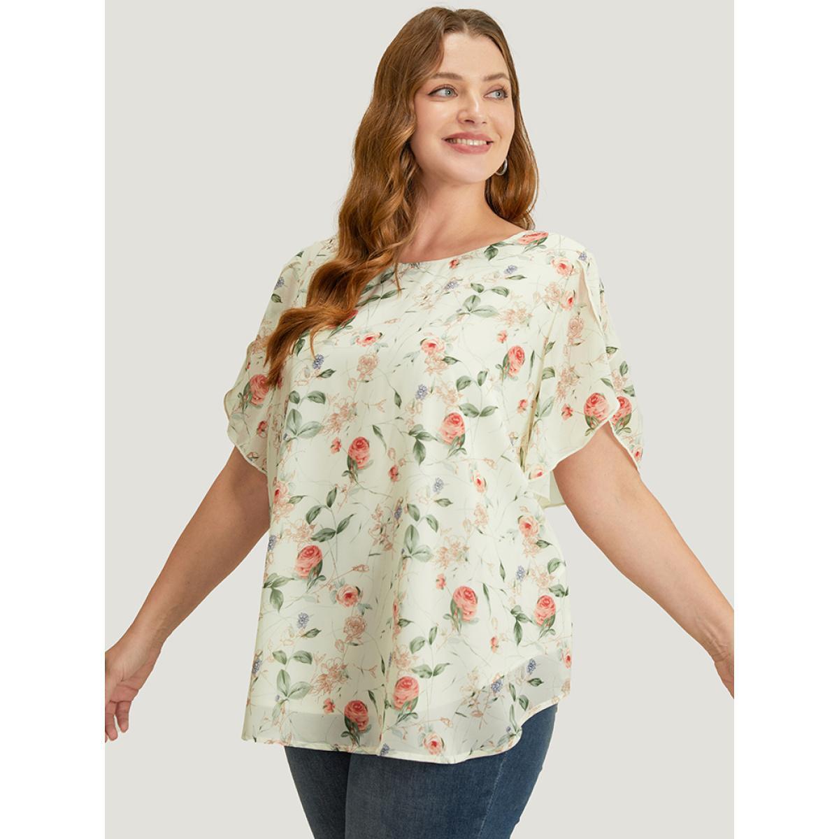 Plus Size Ivory Floral Split Sleeve Chiffon Blouse Women Elegant Short sleeve Round Neck Dailywear Blouses BloomChic 22-24/3X Product Image