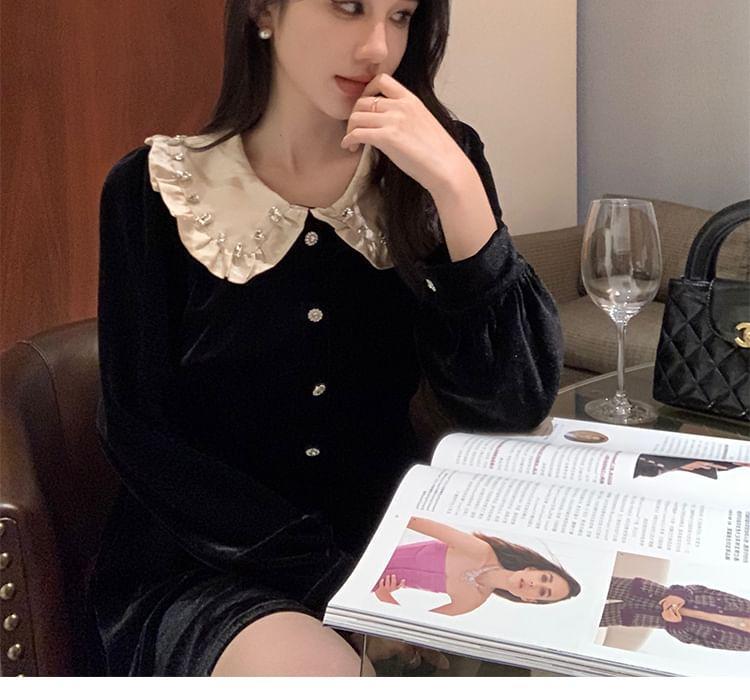 Long-Sleeve Peter Pan Collar Two Tone Rhinestone Accent Velvet Mini A-Line Dress Product Image