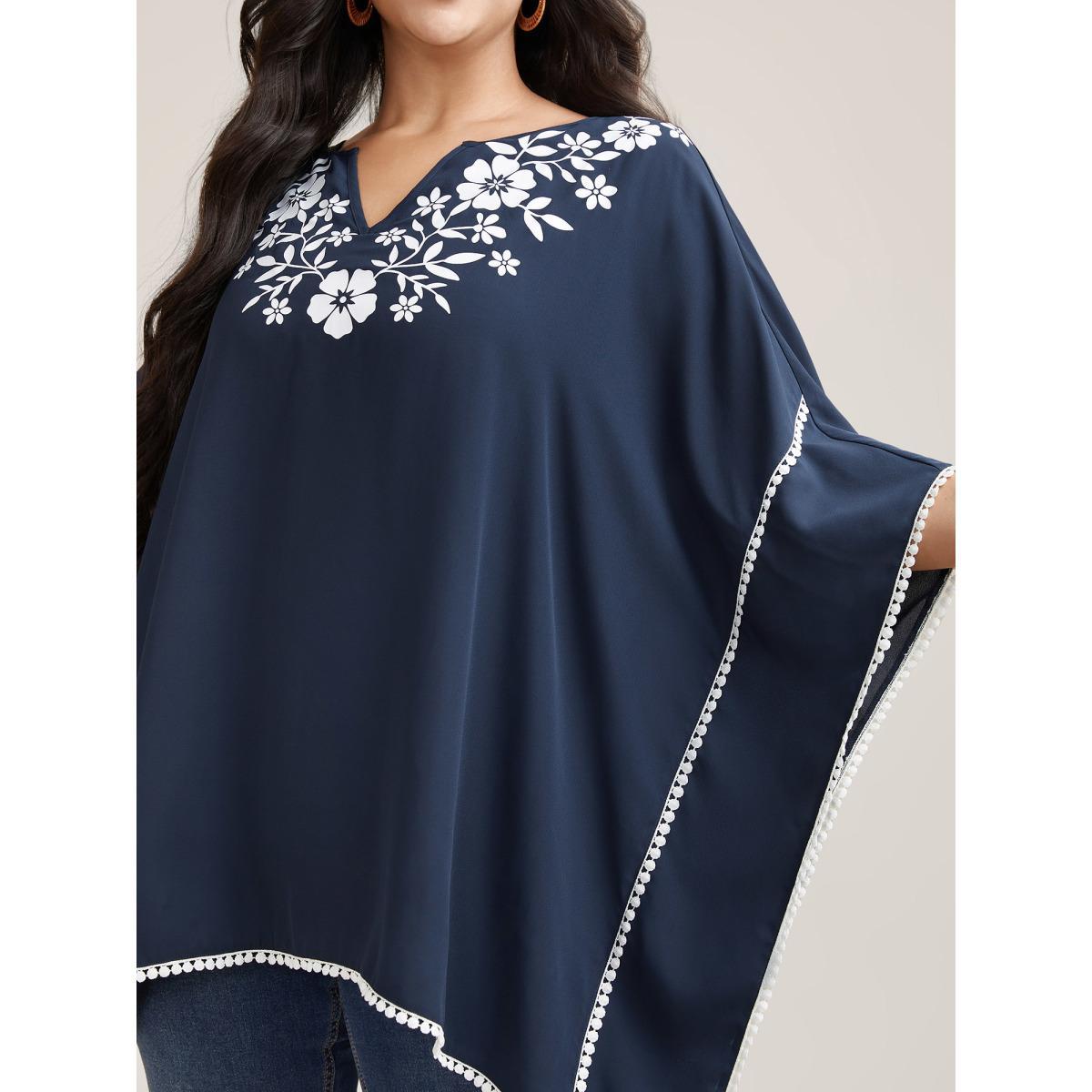 Plus Size Indigo Printed Neckline Lace Spliced Loose Shirt Women Resort Elbow-length sleeve Flat collar with V-notch Vacation Blouses BloomChic 10/M Product Image